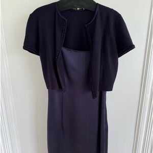 Heidi Weisel plum charmeuse silk dress with cashmere shrug.